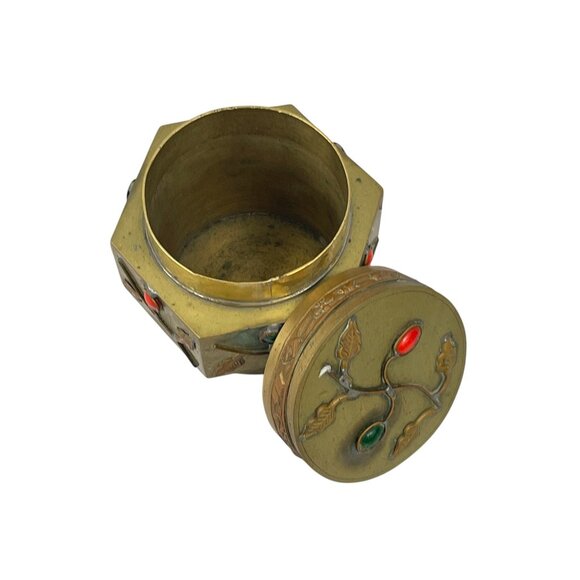 Vintage Chinese Brass Trinket Box With Enamel Inlays Decorative Lid Snuff - Picture 9 of 13